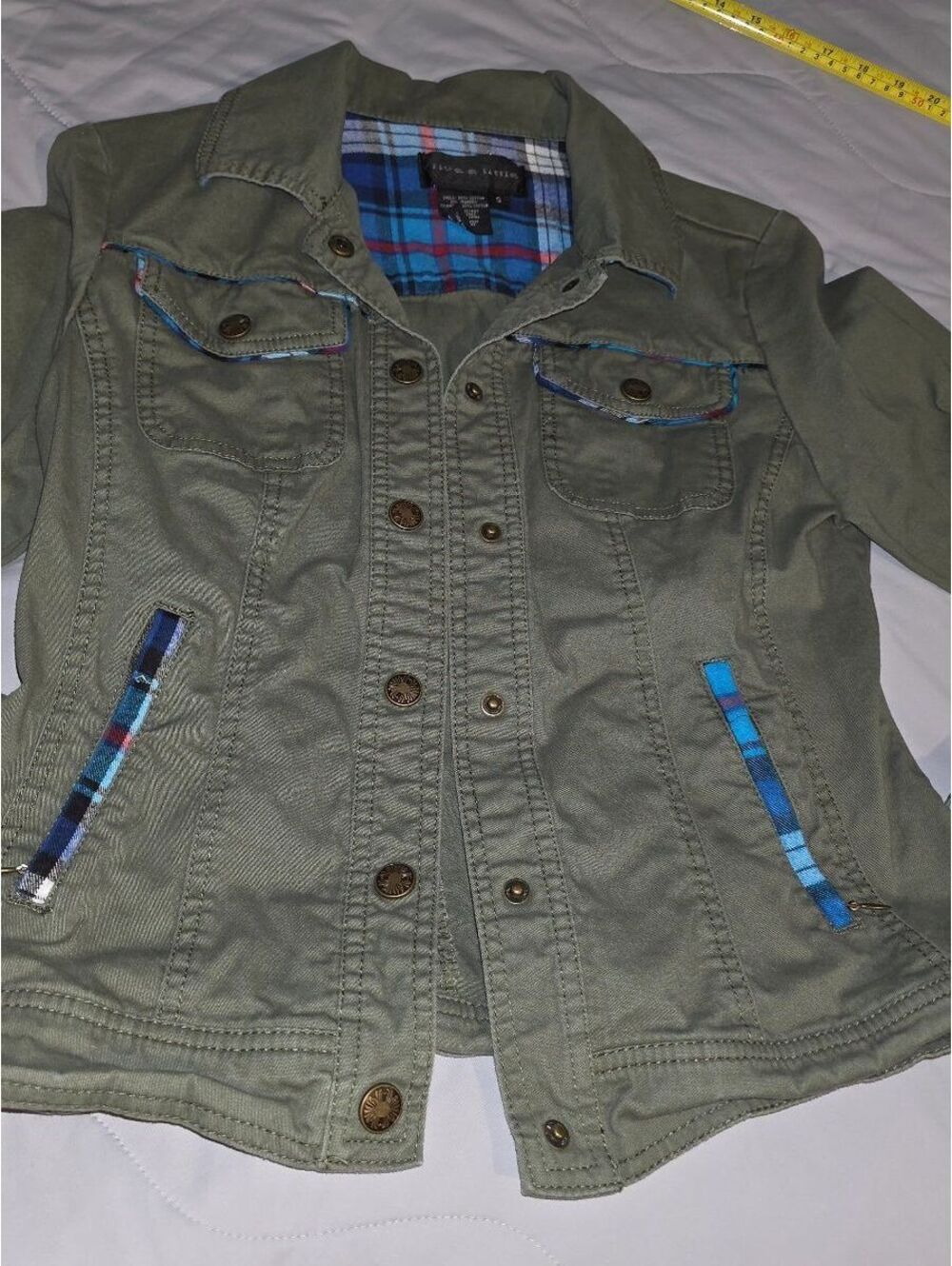 Live a Little Women’s Denim Jacket olive green -  Fitted Button Front Size S
